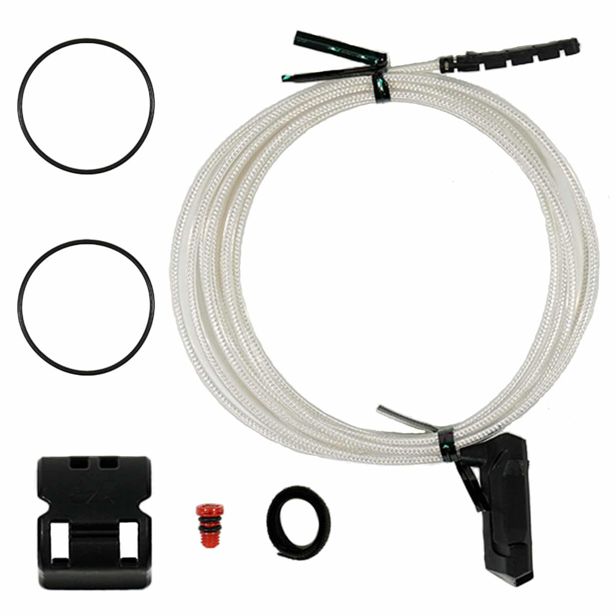 XP Wave Guide kit with 250cm antenna cable, elastic bands, cable clip, red waterproof plug, and hook-and-loop fasteners for Deus II underwater detection
