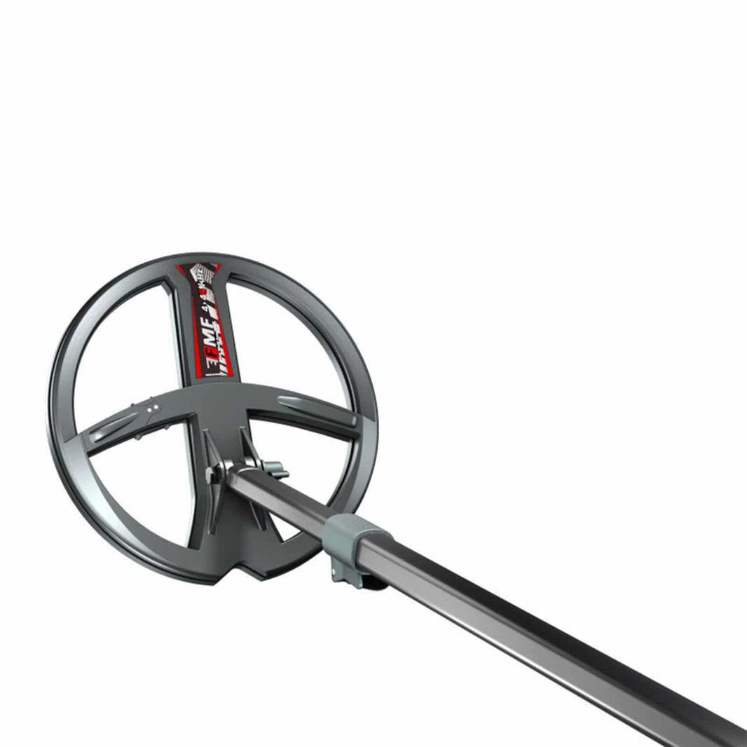 XP Deus II 9-inch round FMF waterproof search coil with lower pole and hardware on white background