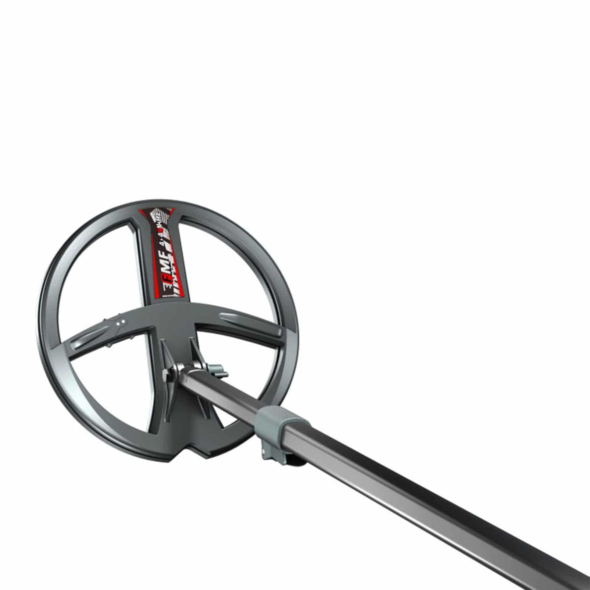 XP Deus II 9-inch round FMF waterproof search coil with lower pole and hardware on white background