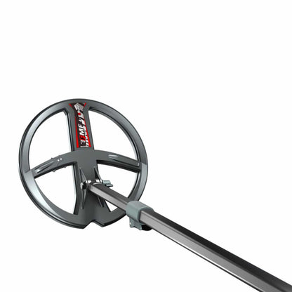 XP Deus II 9-inch round FMF waterproof search coil with lower pole and hardware on white background