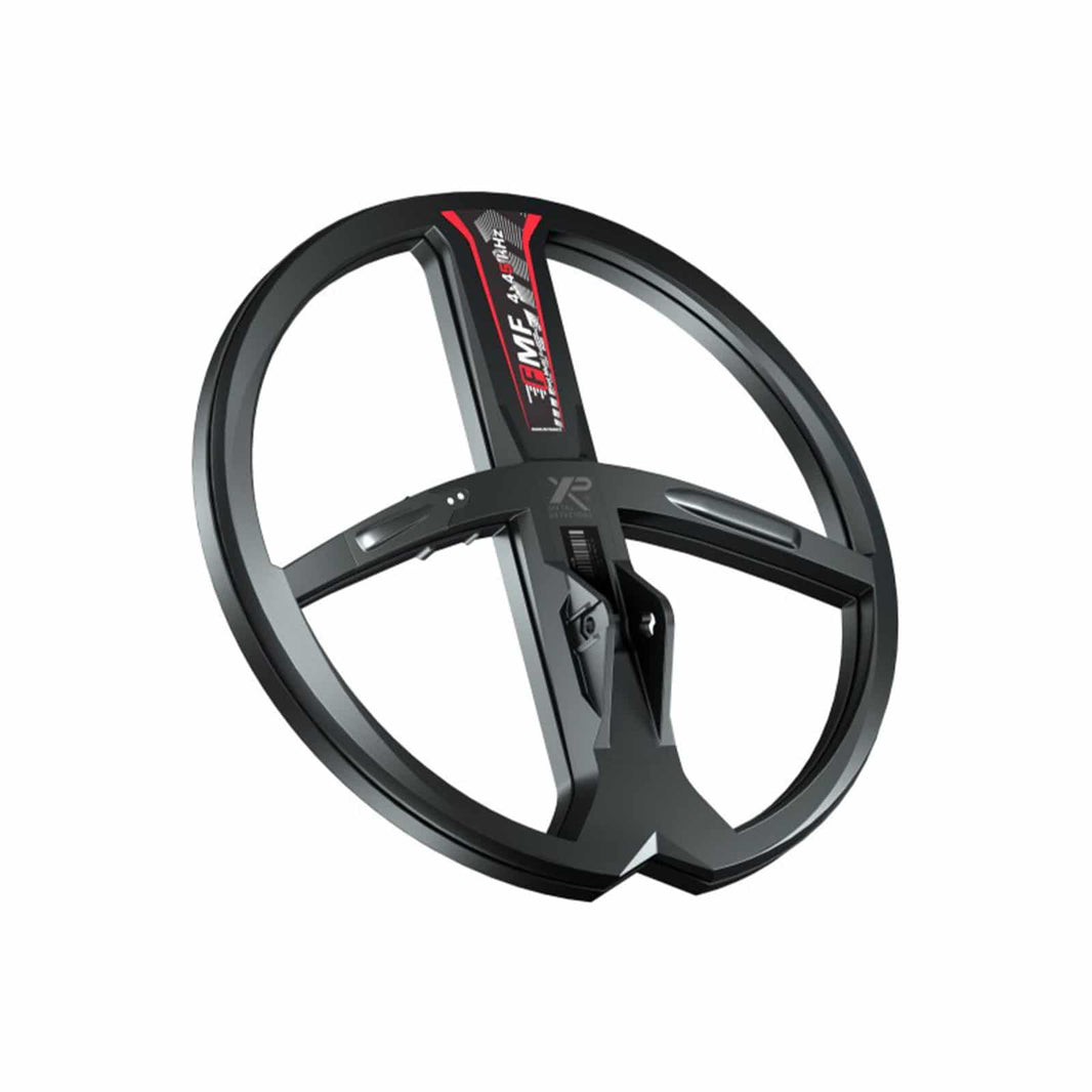 XP Deus II 11 inch round FMF wireless search coil top view with red accent stripe