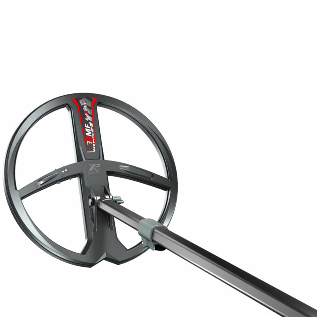 XP Deus II 11-inch round FMF waterproof search coil with lower pole and hardware on white background