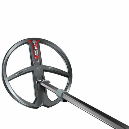 XP Deus II 11-inch round FMF waterproof search coil with lower pole and hardware on white background