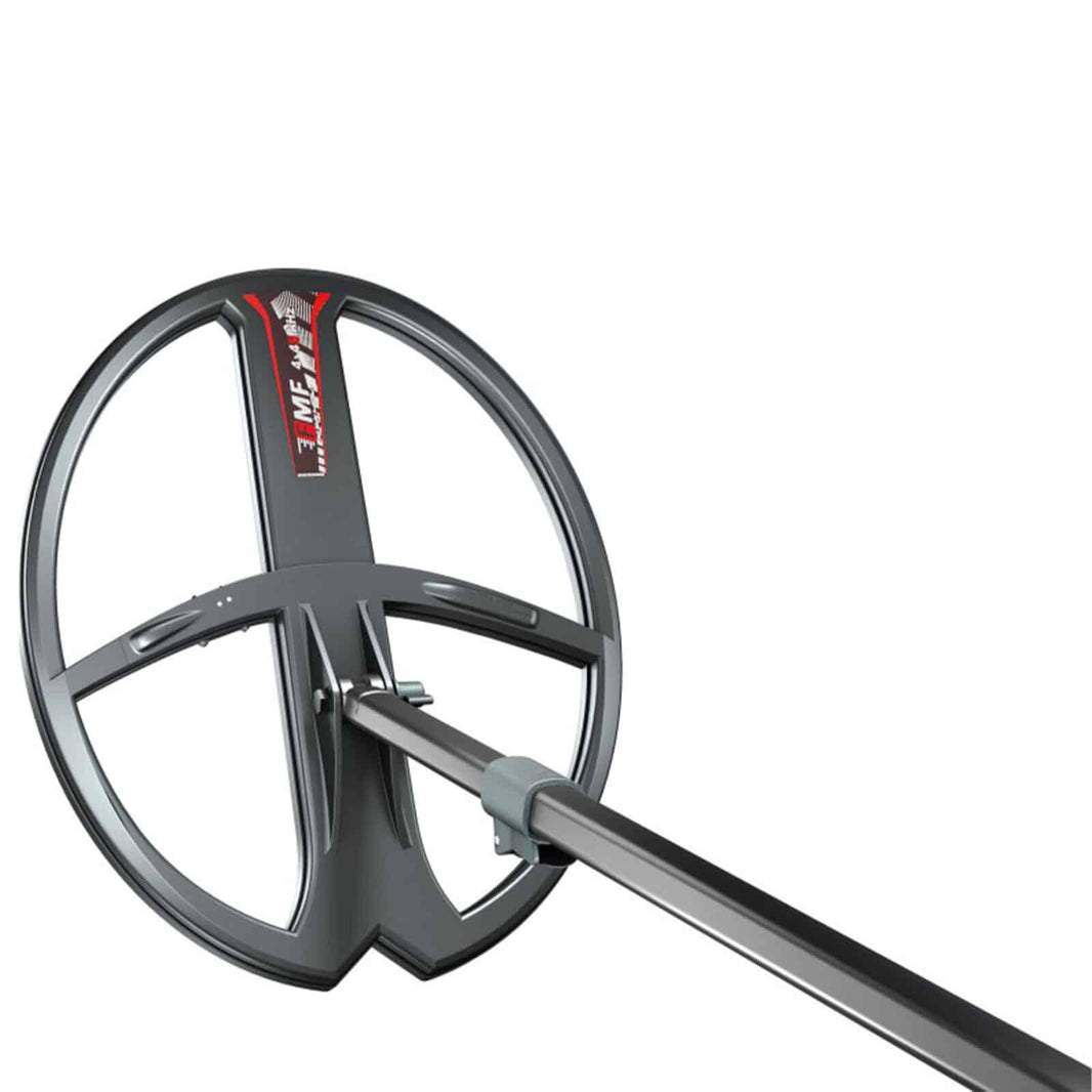 XP Deus II 13 x 11 inch FMF elliptical waterproof search coil with black frame and red accent stripe