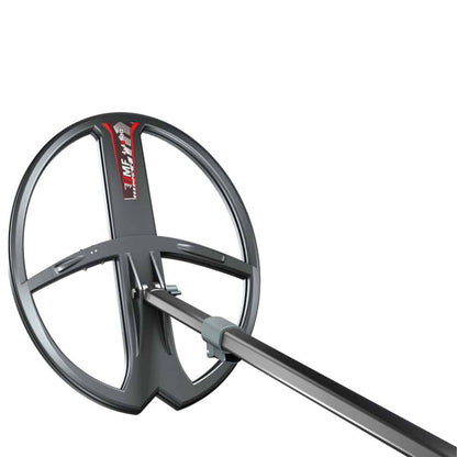 XP Deus II 13 x 11 inch FMF elliptical waterproof search coil with black frame and red accent stripe