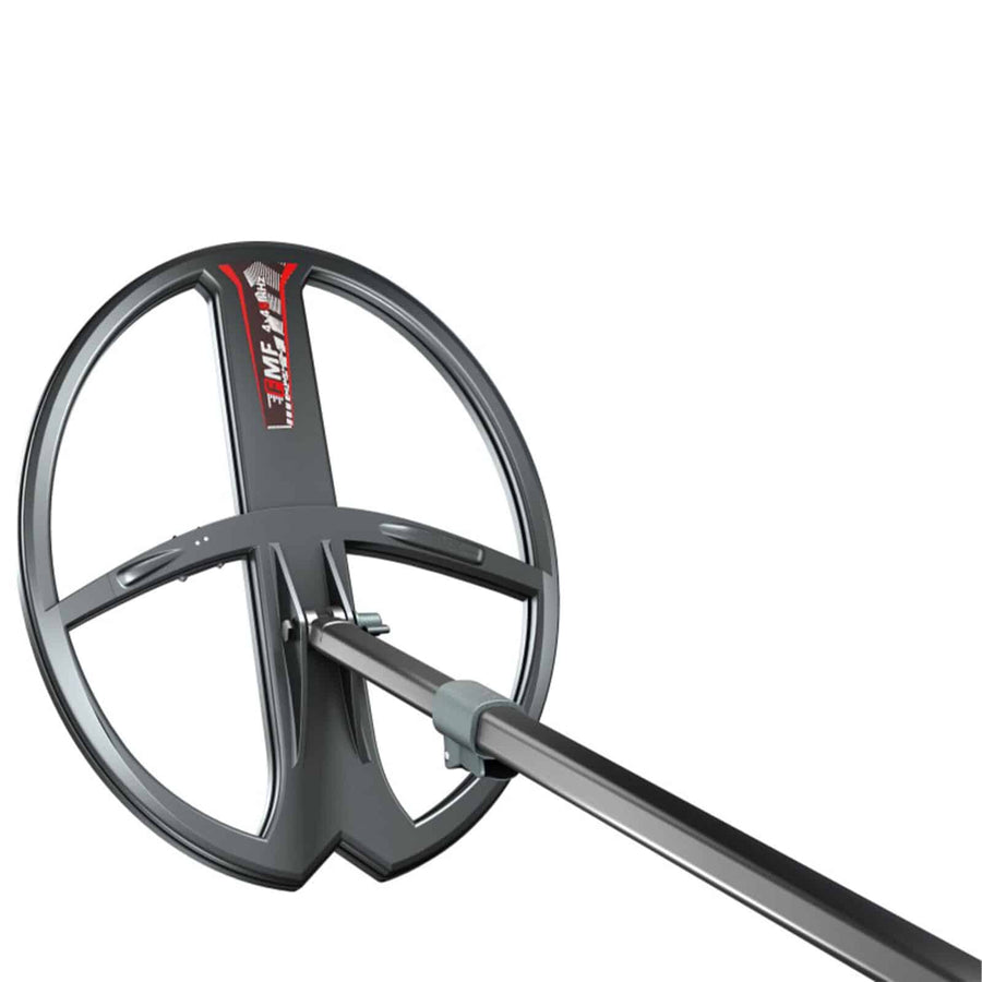 XP Deus II 13 x 11 inch FMF elliptical waterproof search coil with black frame and red accent stripe