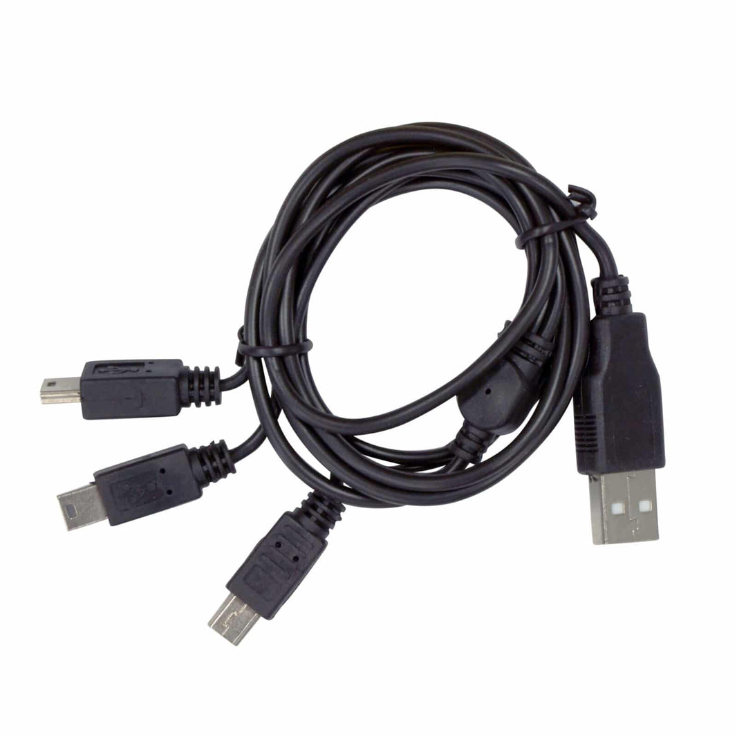Black USB charging cable with three mini-B connectors and standard USB-A plug end