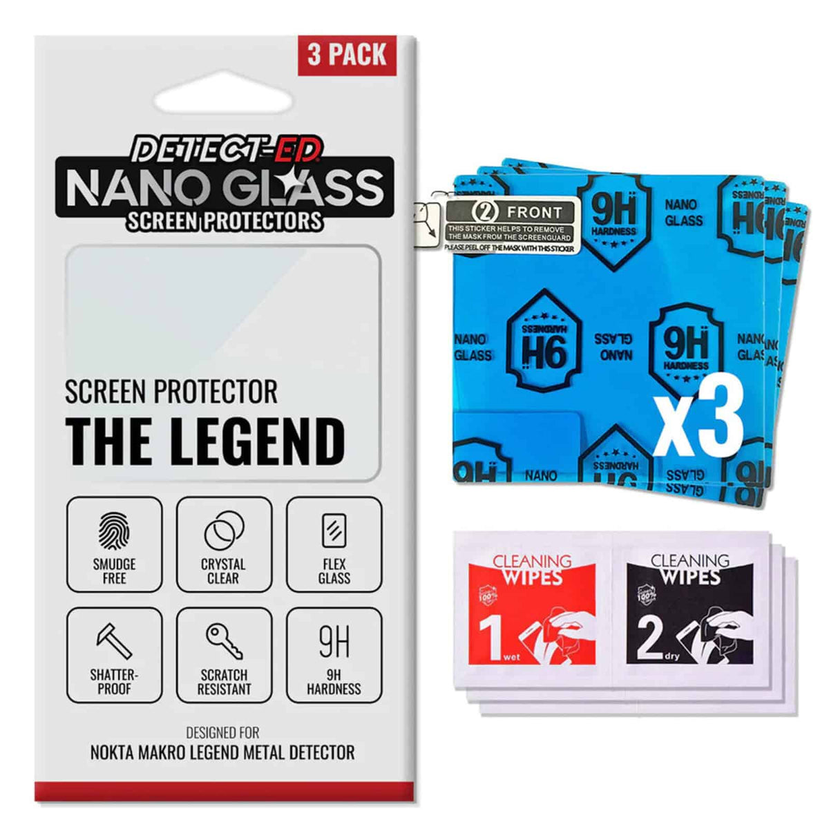 Detect-Ed Nano Glass screen protector 3-pack for Nokta Legend with cleaning wipes