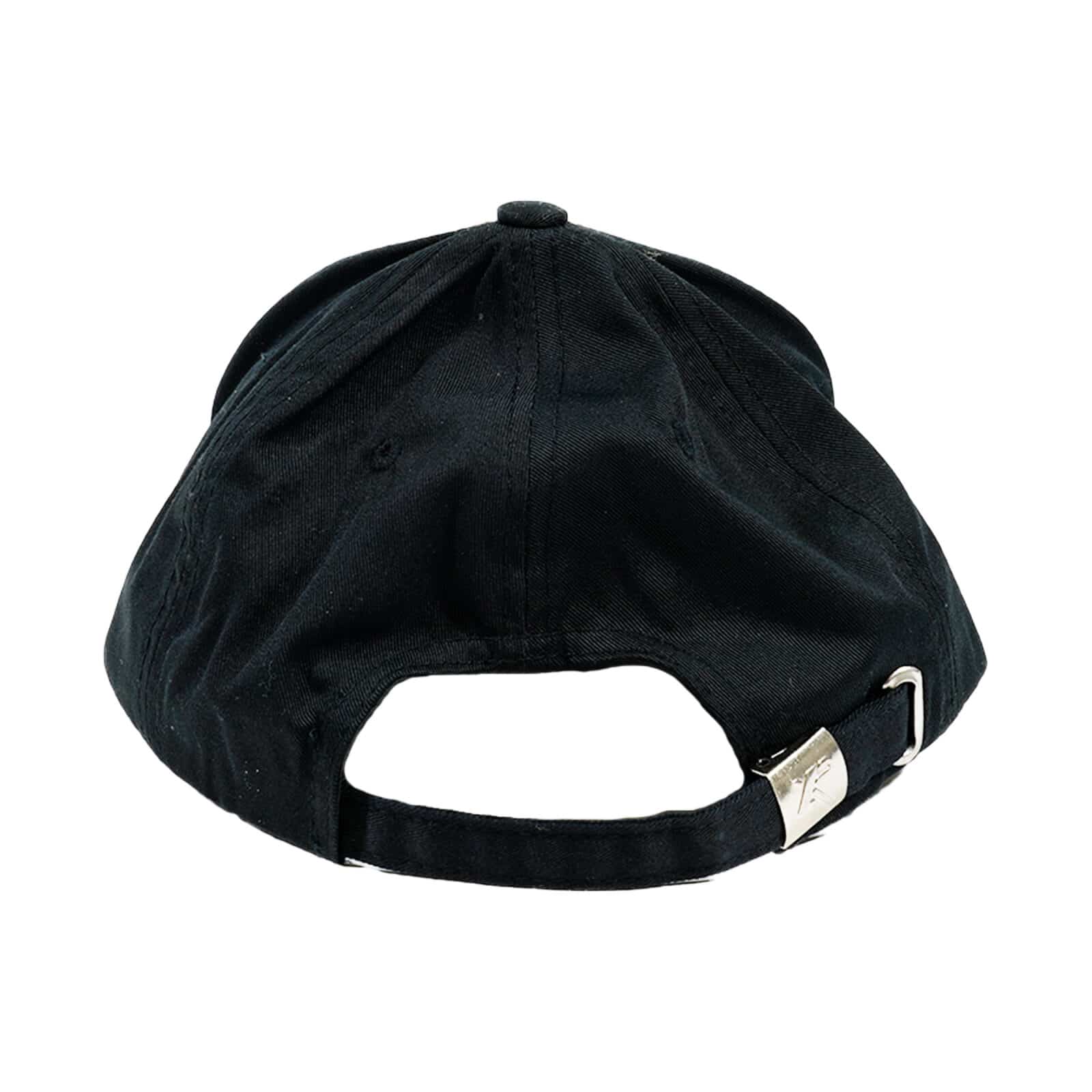 Black baseball cap with metal buckle closure shown from rear view against white background