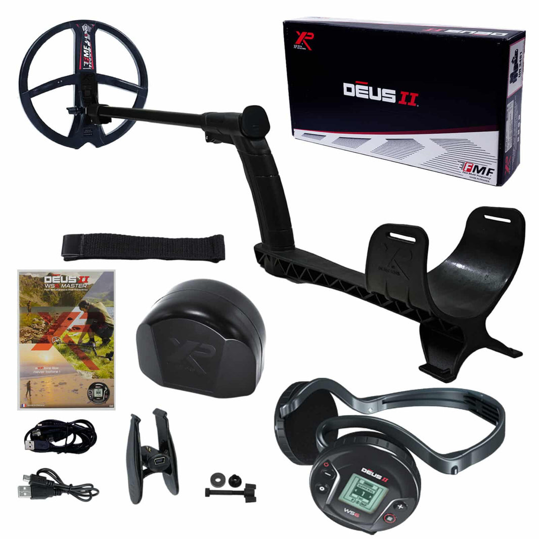 XP DEUS II WS6 Master metal detector with 9-inch FMF coil, wireless headphones, and telescopic stem on white background