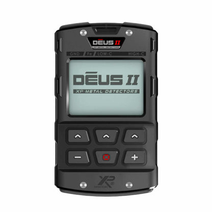 XP Deus II remote control, front view showing the backlit display and six-button keypad
