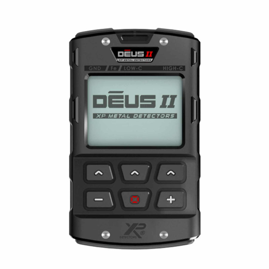 XP Deus II remote control, front view showing the backlit display and six-button keypad