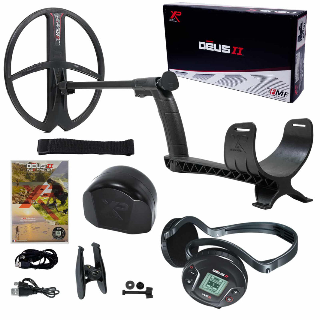 The XP Deus II WS6 Master metal detector with 13-inch x 11-inch elliptical FMF coil, wireless headphones, S-Telescopic Lite stem and other accessories
