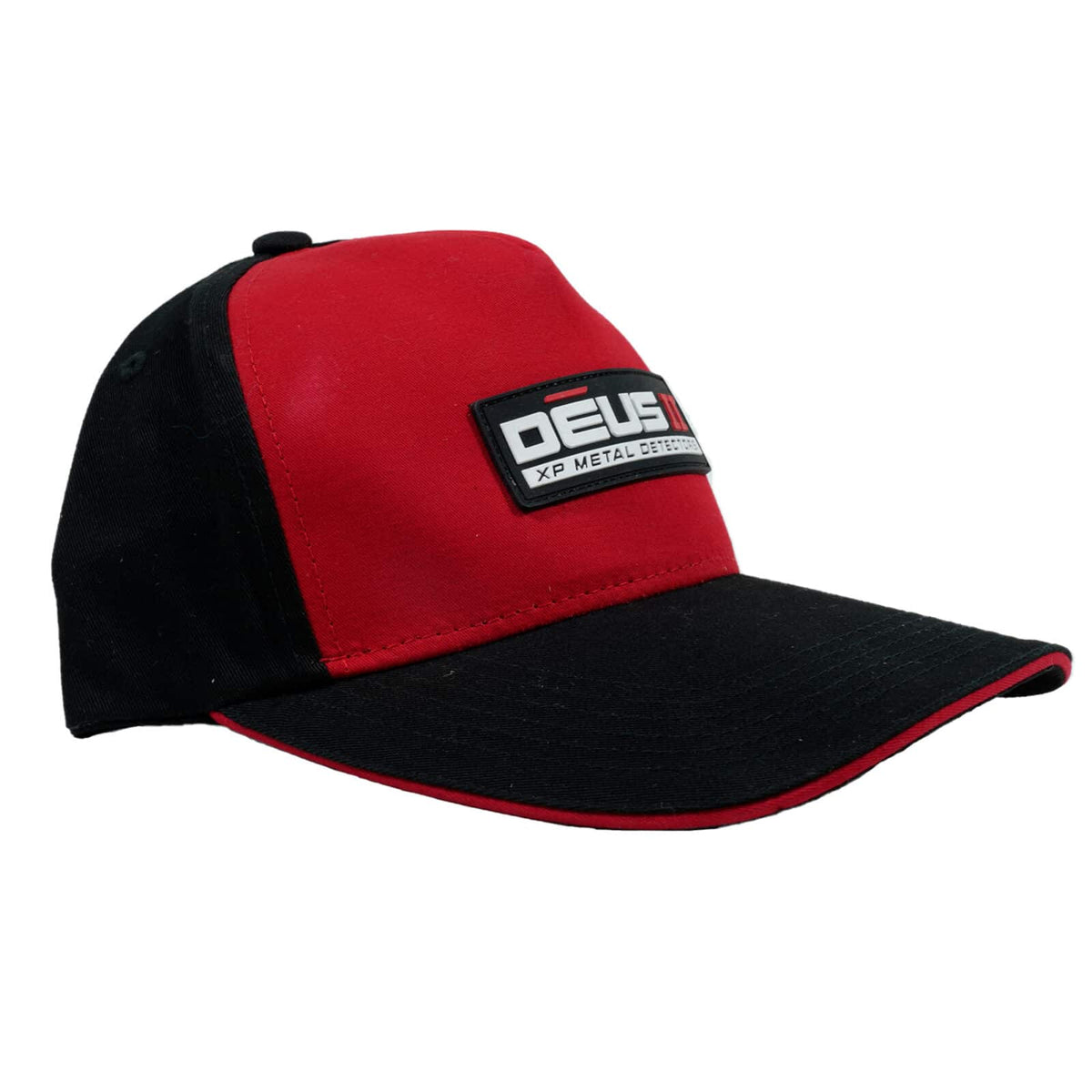 Red and black XP Deus II metal detector baseball cap with branded rubber patch