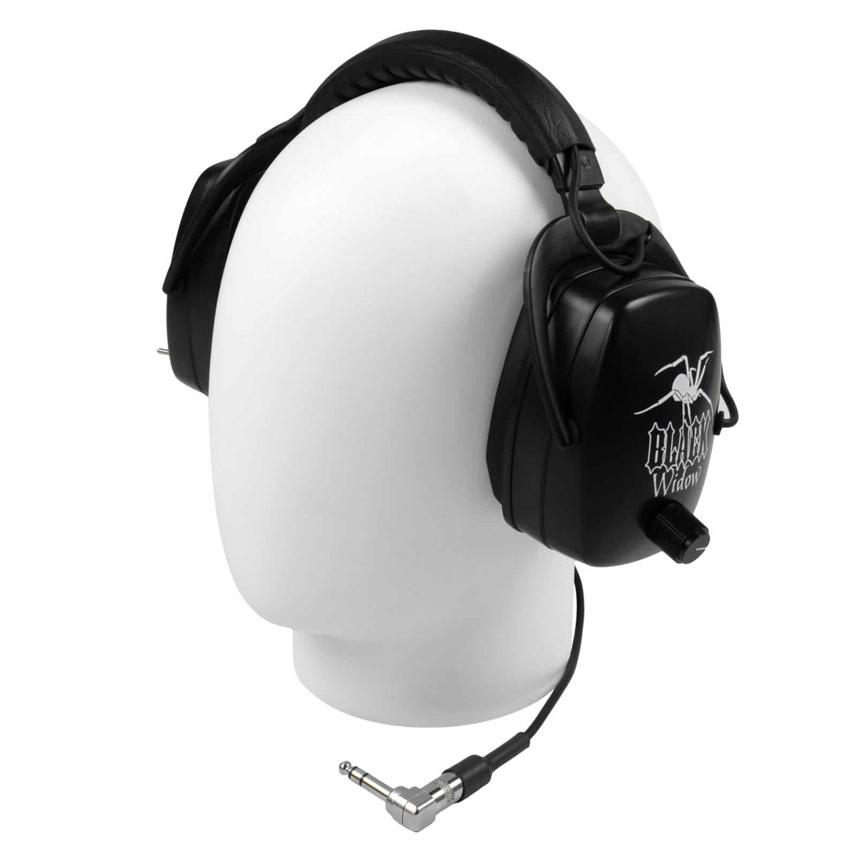 Black Widow Platinum headphones front view on display head with 1/4 inch angle plug