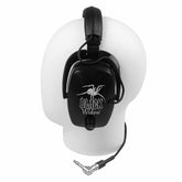 Black Widow Platinum headphones side profile on display head with coiled cable and showing 1/4 inch connector
