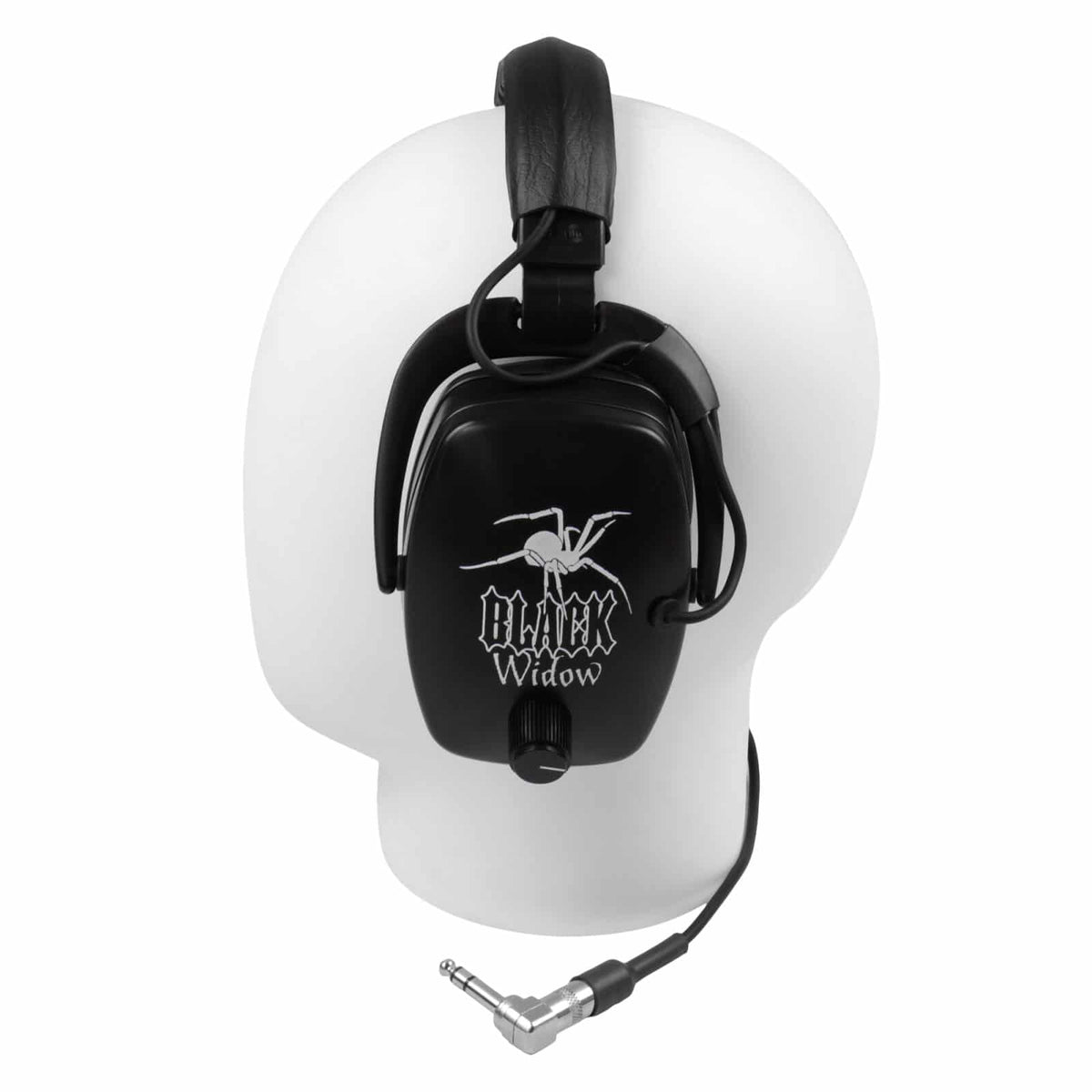 Black Widow Platinum headphones side profile on display head with coiled cable and showing 1/4 inch connector

