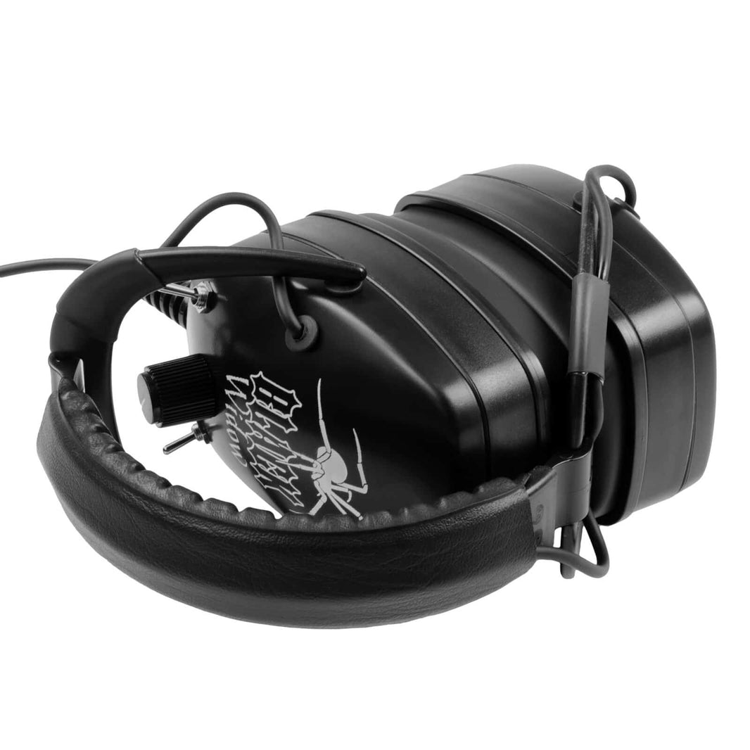 DetectorPro Black Widow Platinum headphones folded flat showing padded headband