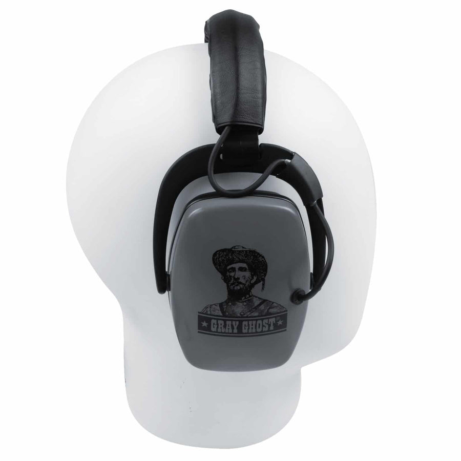 DetectorPro Original Gray Ghost Platinum headphones on display stand, front view