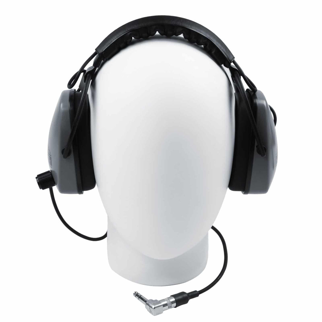 DetectorPro Original Gray Ghost Platinum headphones front view with coiled cable and 1/4 inch angle plug