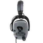 DetectorPro Gray Ghost Platinum headphones three-quarter view with ear cup artwork and controls