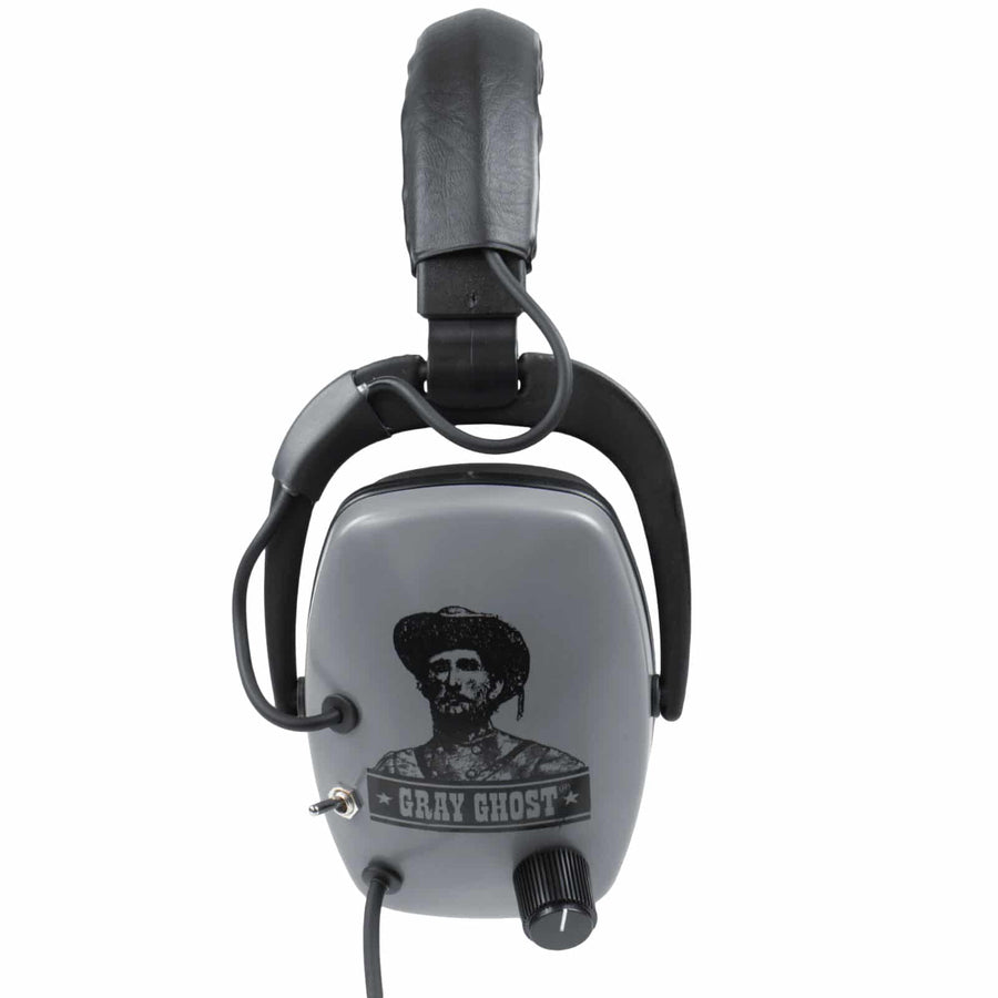 DetectorPro Gray Ghost Platinum headphones three-quarter view with ear cup artwork and controls