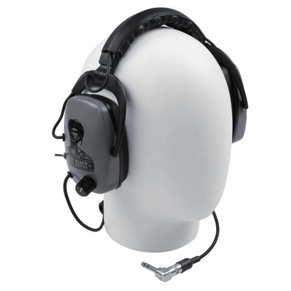 Rear side view of Gray Ghost Platinum headphones with 90 degree angle stereo plug