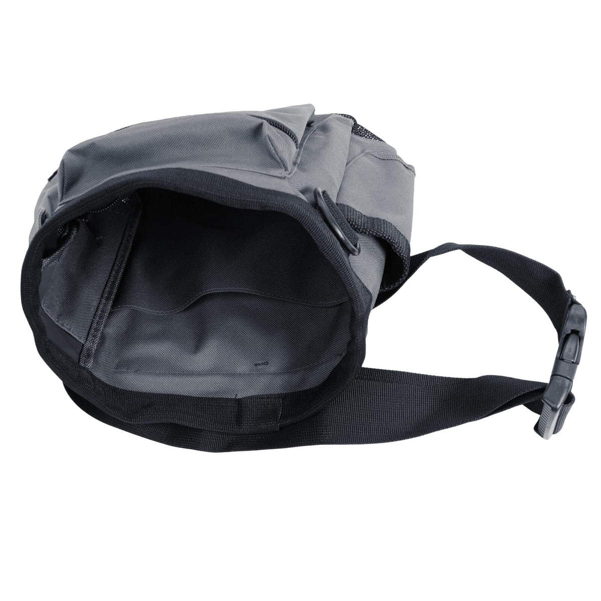 Gray Ghost Ultimate Catch All Pouch on its side with the reinforced opening held open and waist belt extended