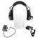 Front view of Gray Ghost Wireless Platinum headphones on a display head with transmitter and dual charger