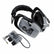 Gray Ghost Wireless Platinum headphones folded beside the 2.4 GHz transmitter with right-angle 1/4 inch plug