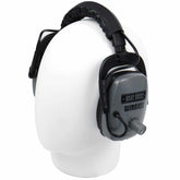 Side view of gray Wireless earcup with padded black headband on a display head