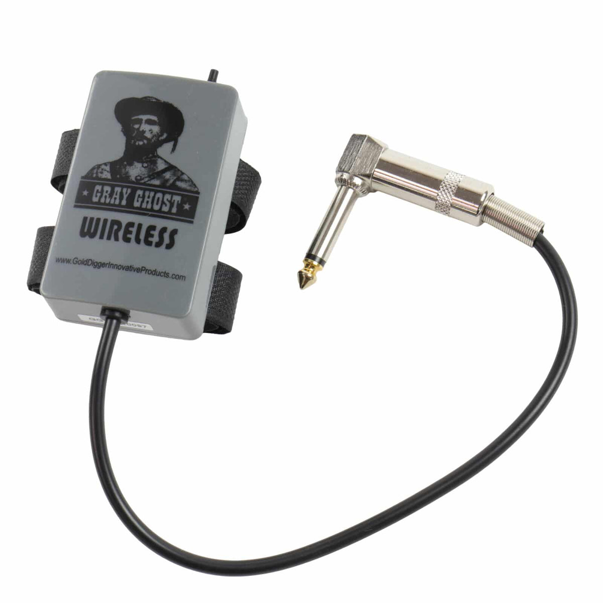 Wireless transmitter box with cable and right-angle 1/4 inch stereo plug for Minelab FBS and GPX detectors