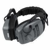 Angled view of Gray Ghost Wireless earcup with rotary volume knob and off markings