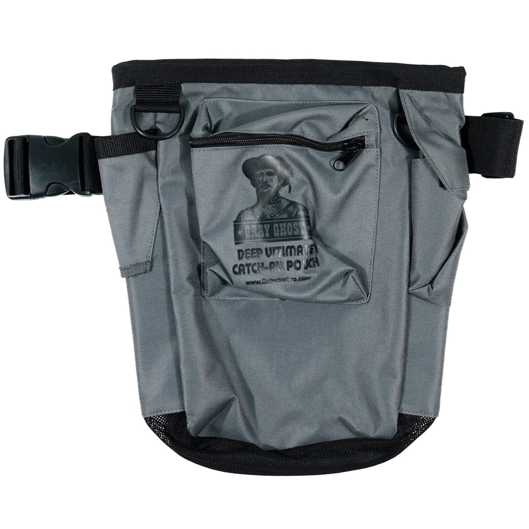 DetectorPro Gray Ghost DEEP Ultimate Catch-All Pouch with 14-inch depth, reinforced opening, and mesh bottom for beach and water hunting