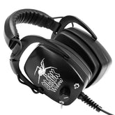 DetectorPro Black Widow Platinum headphones with spider logo, volume knob, and toggle switch
