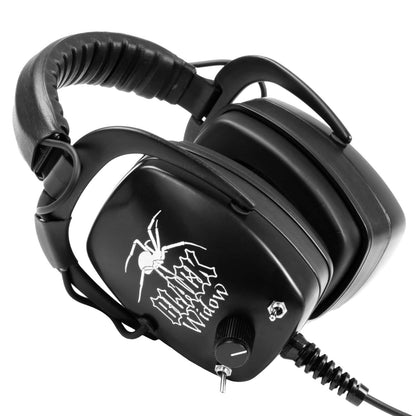 DetectorPro Black Widow Platinum headphones with spider logo, volume knob, and toggle switch
