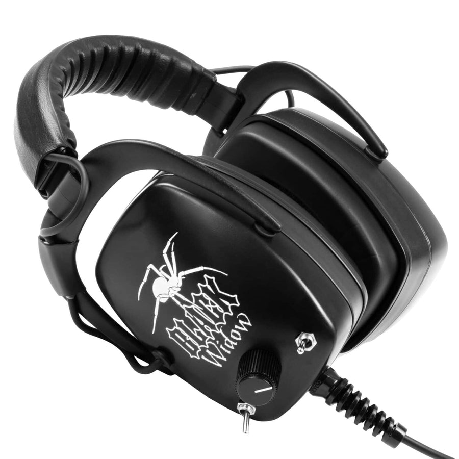 DetectorPro Black Widow Platinum headphones with spider logo, volume knob, and toggle switch
