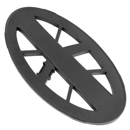 Black elliptical metal detector coil cover with protective grid pattern and mounting tabs for XP Deus 9.5 inch DD coil