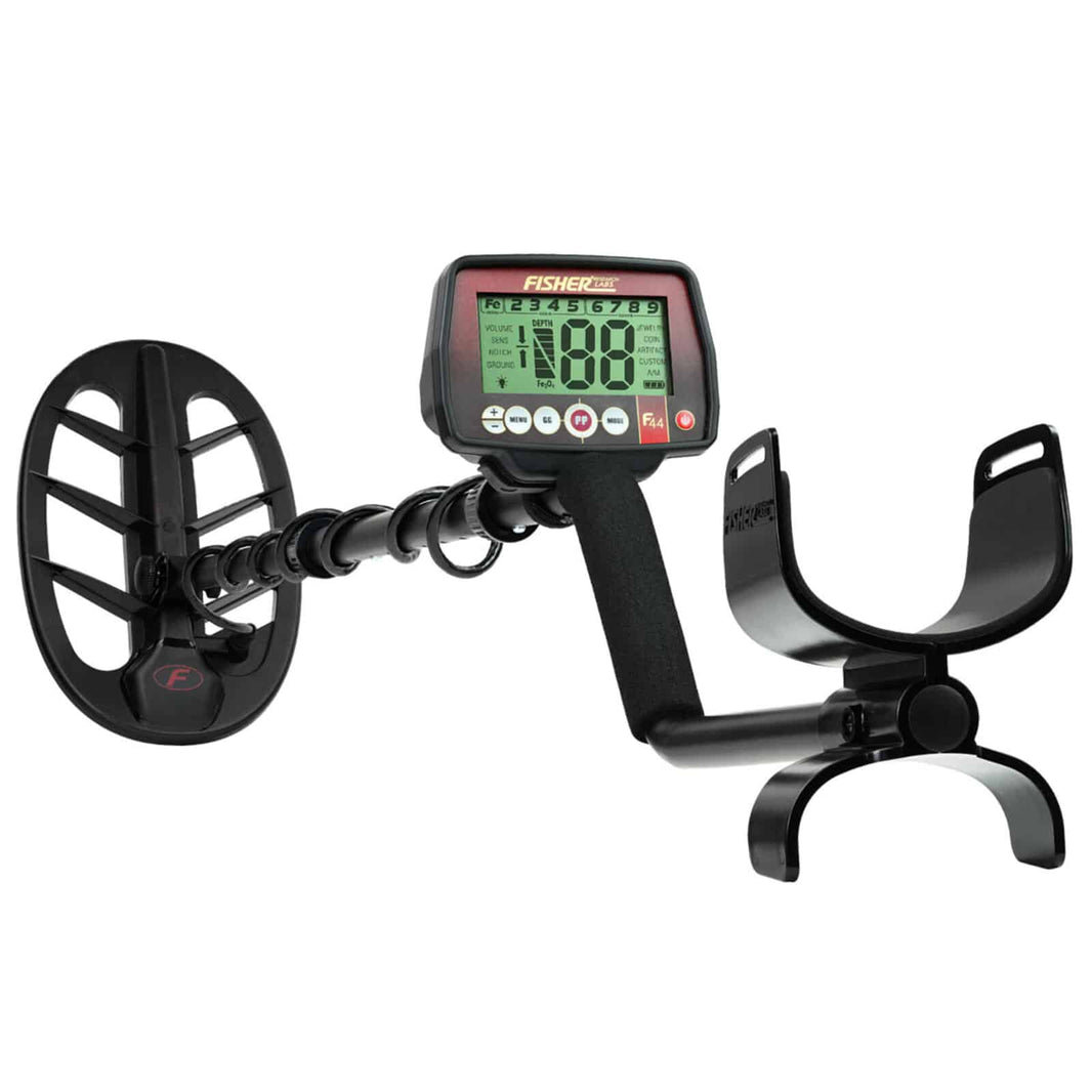 Fisher F44 metal detector with red weatherproof control housing, black adjustable shaft, and 11-inch DD waterproof search coil on white background