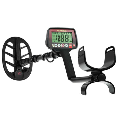 Fisher F44 metal detector with red weatherproof control housing, black adjustable shaft, and 11-inch DD waterproof search coil on white background