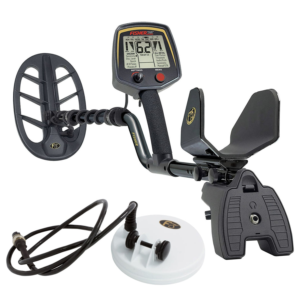 Fisher F75 LTD metal detector with 11-inch DD waterproof coil, S-rod shaft, and control housing on white background