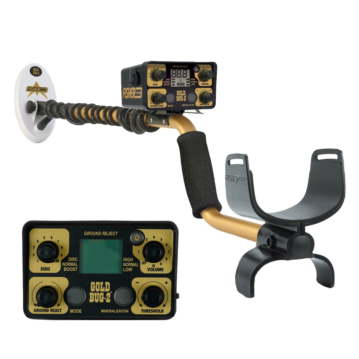 Fisher Gold Bug II metal detector with 6.5-inch elliptical waterproof search coil and control box with dual ground balance knobs