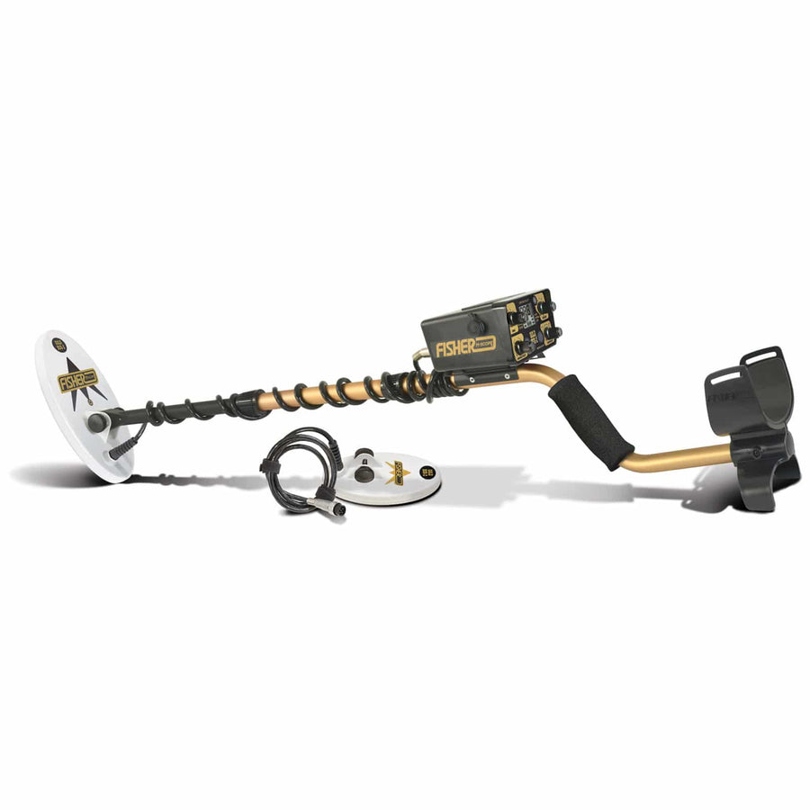 Fisher Gold Bug II metal detector with its white elliptical coil attached and the included round coil shown below. 
