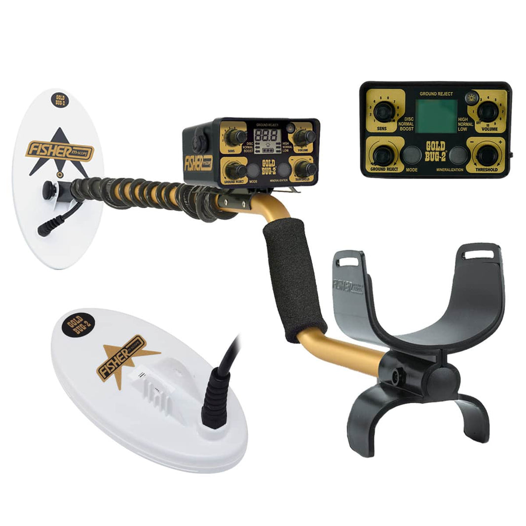 Fisher Gold Bug II metal detector with white elliptical coil, black and gold adjustable shaft, digital control box with four knobs, padded armrest, and foam grip on white background.