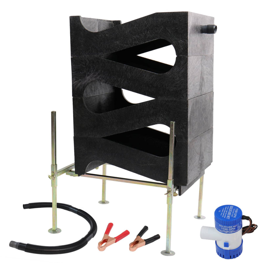 A side view of 4 Stack atop its stand, plus the hose, alligator battery clips and pump. 