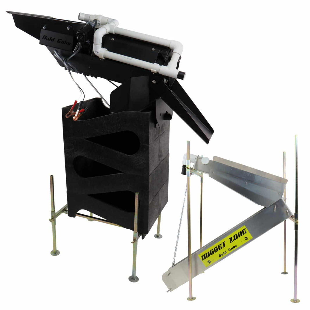 Gold Cube 4-Stack Deluxe Complete Kit with Nugget Zone Highbanker and 12V Trommel for high-volume gold prospecting.