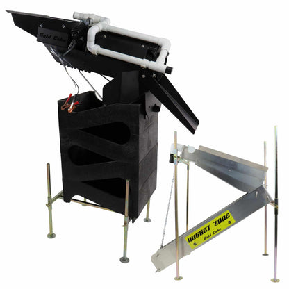 Gold Cube 4-Stack Deluxe Complete Kit with Nugget Zone Highbanker and 12V Trommel for high-volume gold prospecting.