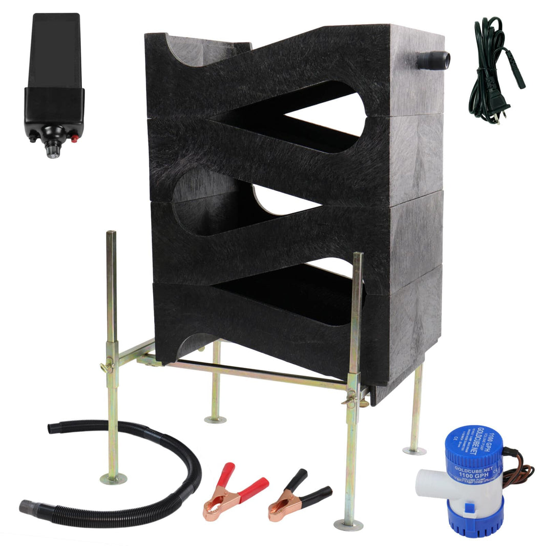 The Gold Cube 4 Stack Deluxe Complete Gold Prospecting Kit is shown with 120 Volt 3.5 Amp Wall Outlet Power Supply, 1 Slick Plate, 3 Separator Trays, Stand, Pump, Hose, and Hose Adapters.