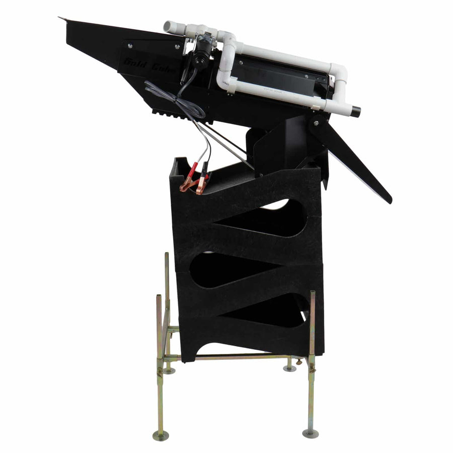 A side view of the Gold Cube 4 Stack Deluxe Kit with Gold Trommel, fully assembled on a white background