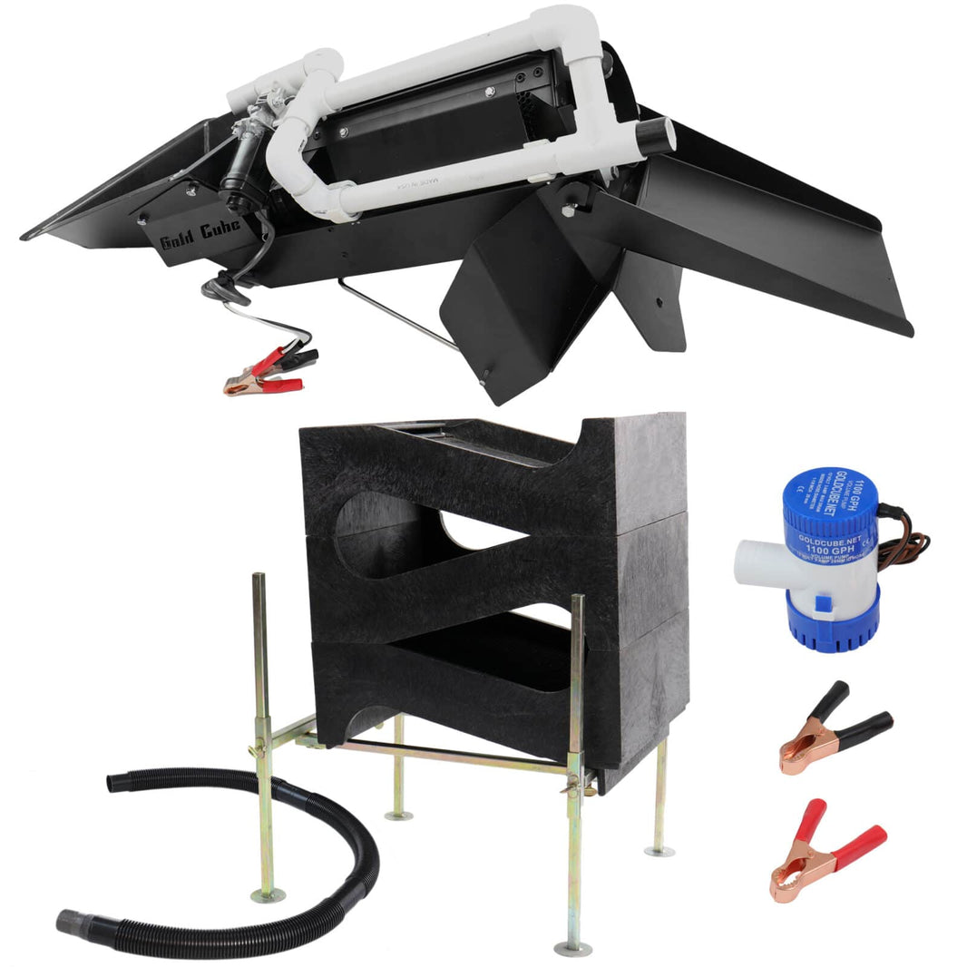 Components of the Gold Cube 3 Stack Deluxe Complete Kit with Gold Trommel are shown, including a Slick Plate, two  Separator Trays, Stand, Pump, Hose, and Hose Adapters.